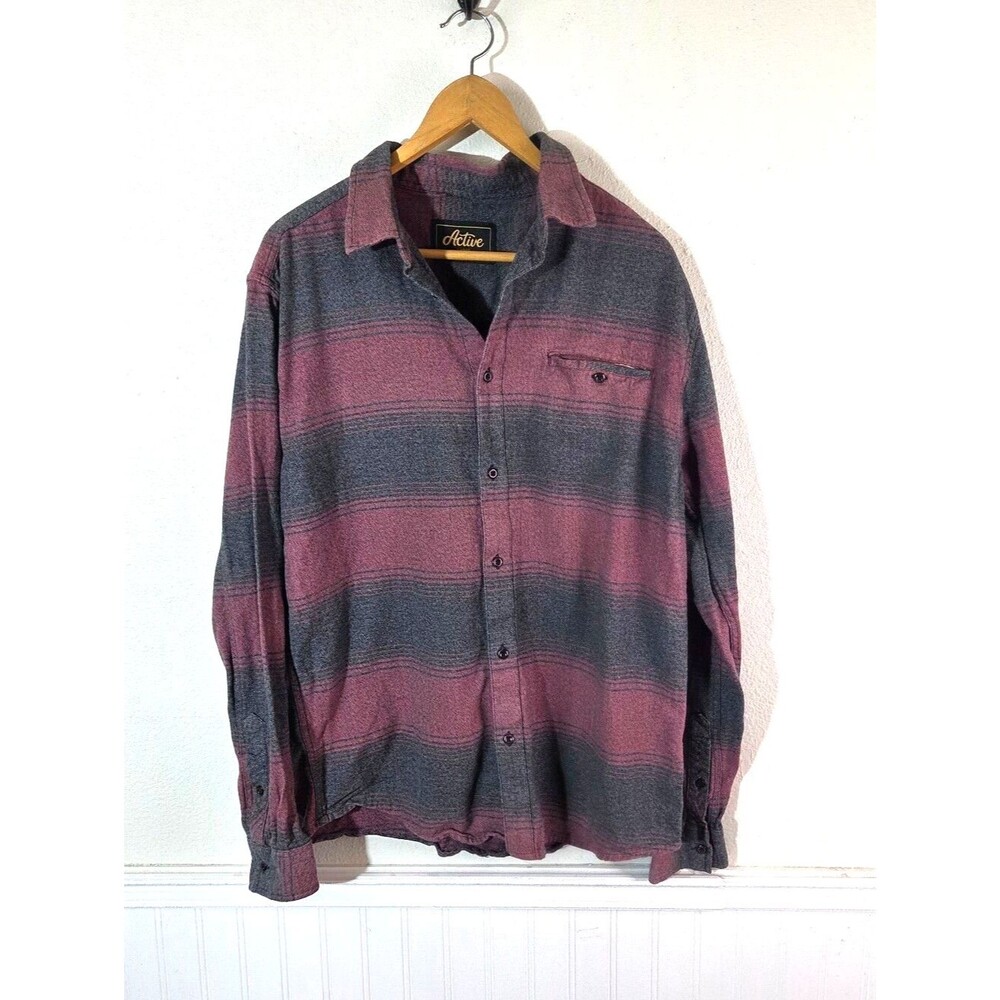 Active Mens Large Flannel Shirt Burgundy Gray Striped Button Up Long Sleeve